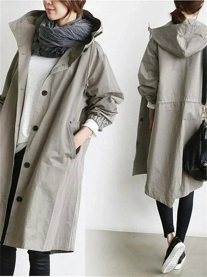 2025 Spring Autumn Casual Korean Fashion Hooded Medium Long Overcoat Loose Windproof Coat Women Trench Coat Solid Color Pocket