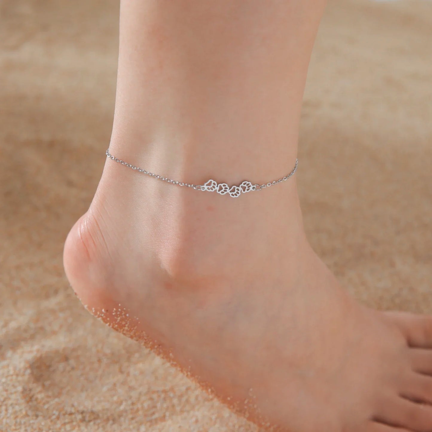 Tiny Korean Chain Cat Charm Anklet For Women Gold Color Leaf Heartbeat Silver Plating Cat Feet Charm Summer Anklet Jewelry