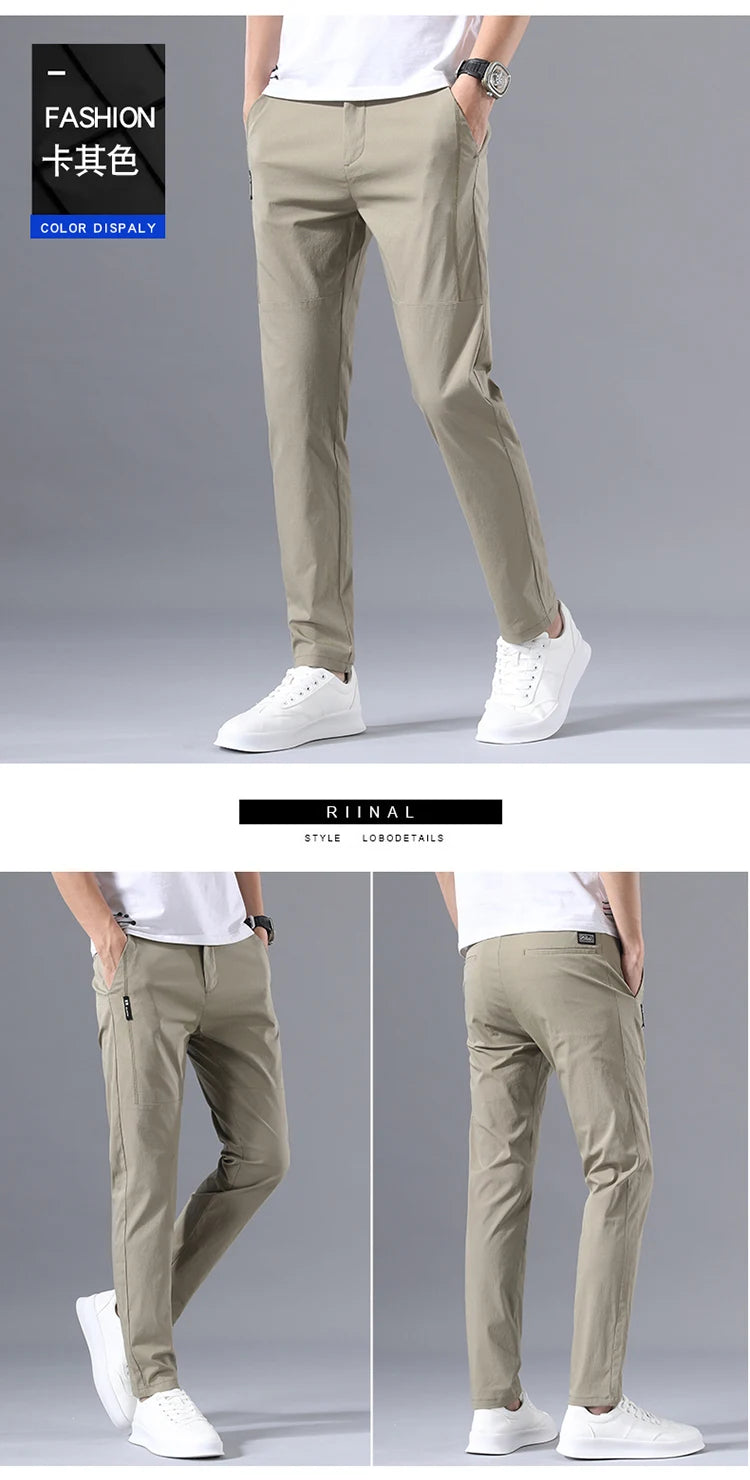 2025 Men's Casual Pants Slim Fit Stretch Classic Chino Trouser Male Stretch Elastic Korean Summer Dress Ice Light Thin Business