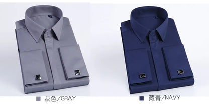 Men's French cufflink shirt with long sleeves slim fit concealed buttons solid color high-end wedding dress formal men's