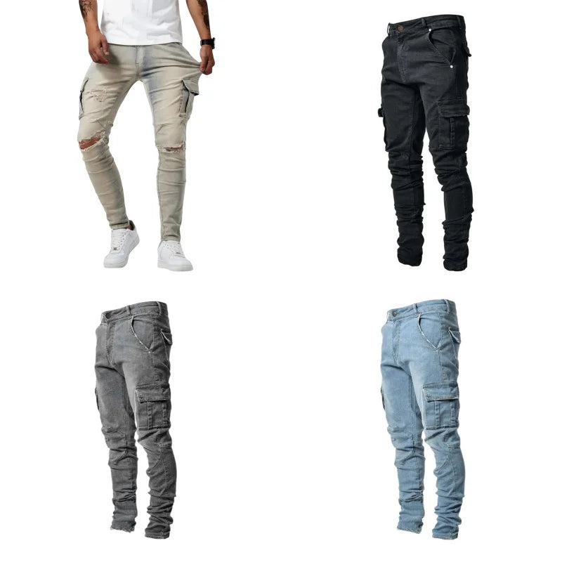 Men Casual Denim Pants Elastic Skinny Jeans Multi-Pocket Trousers Slim Fit Black Jeans Soild Cargo Pants Man Clothes Streetwear