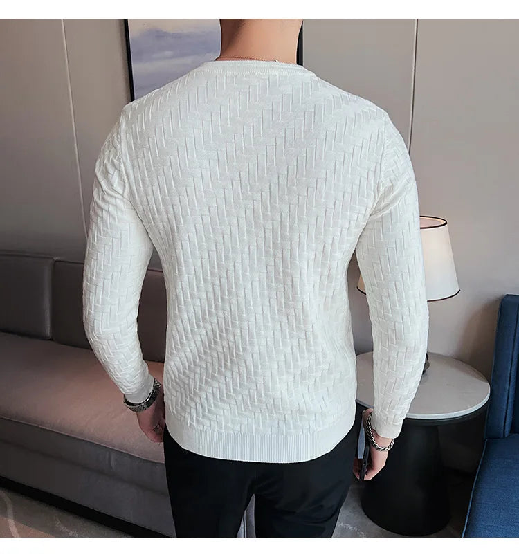 2025 Stretchable Jacquard Woven Winter Crew Neck Sweater Men's Slim Fit Pullover Knitwear Blue, Fashionable Check Pattern