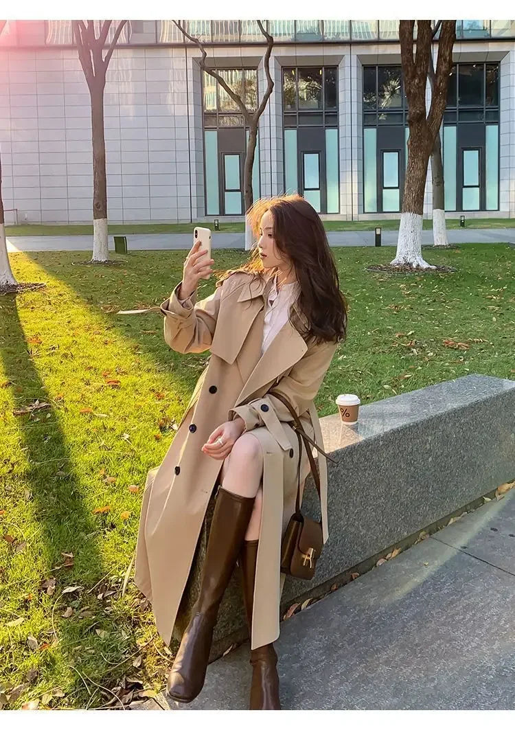 Streetwear Loose Trench Coat Midi Length Fashion Korean Elegant Khaki Black Women's Windbreaker Coat Casual Double Breasted Tops