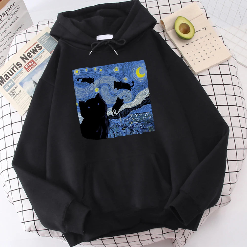 The Starry Cat Night Printing Hoodies Men Autumn Oversize Hoodie Fashion Fleece Sweatshirts Casual S-Xxl Pullover Tops