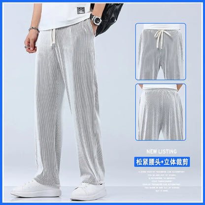 Summer Straight Pants Men's Loose Thin Section Drape Ice Silk Pants Wide Leg Sports Pants Casual Pants Fits 100kg