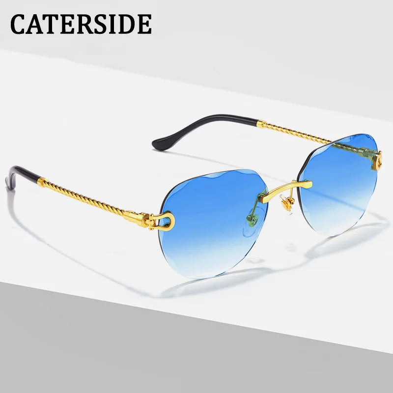 Luxury Polygon Gradient Sunglasses Women New Metal Curved Temples Eyewear Ocean Rimless Fashion Sun Glasses Ladies UV400