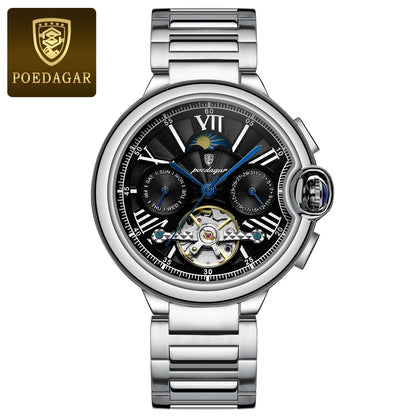 POEDAGAR Luxury Man Watch Hollow Tourbillon Automatic Mechanical Men Watch Waterproof Date Week Stainless Steel Men's Watches