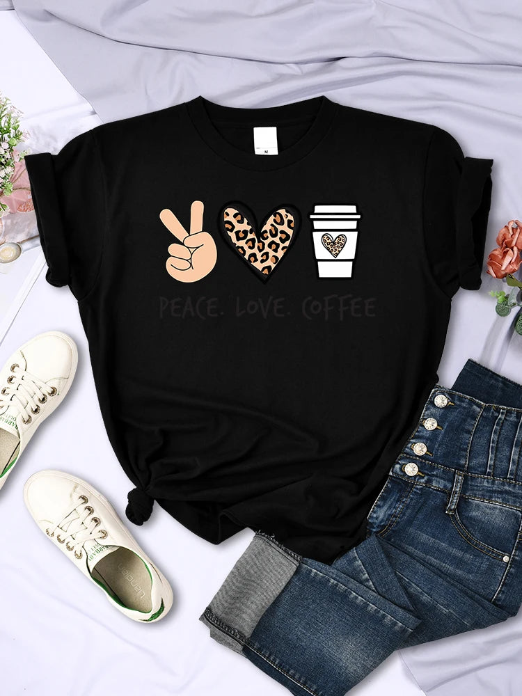 Peace Love Coffee Prints Women Tshirts Cotton High Quality T-Shirts Brand Breathable Tees Shirts Street O-Neck Tshirt For Women