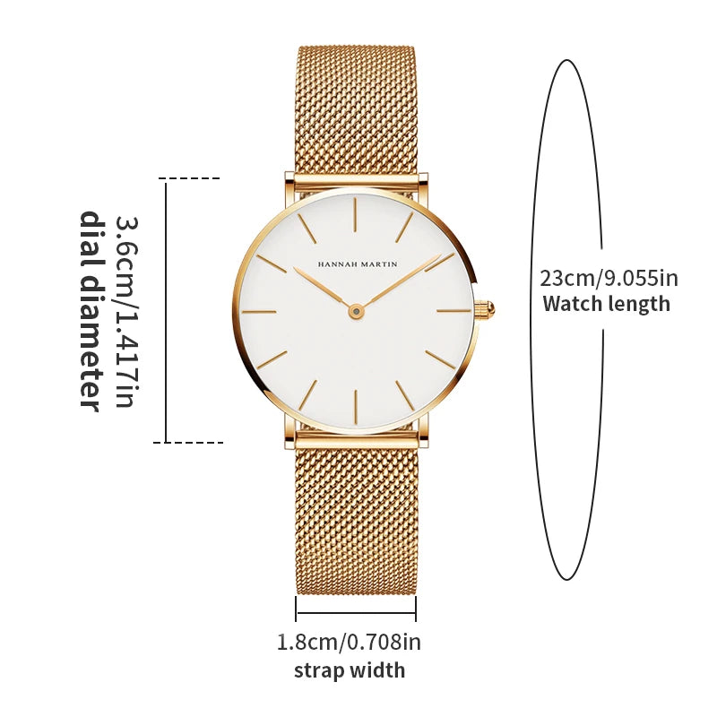 Hannah Martin Women Watch Original Imported Japanese Movement Stainless Steel Mesh Belt Classic Minimalist Wind Rose Gold Watch