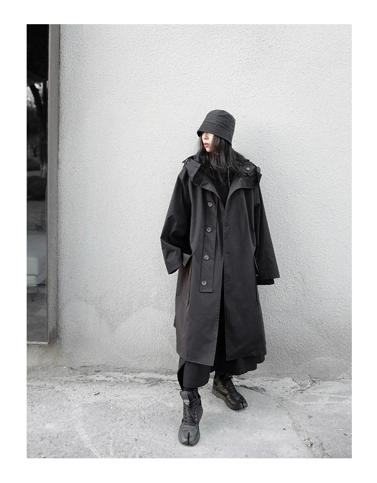 Lautaro Spring Autumn Long Oversized Black Trench Coat with Hood  Dark Academia Aesthetic Luxury Designer Clothes for Women 2022