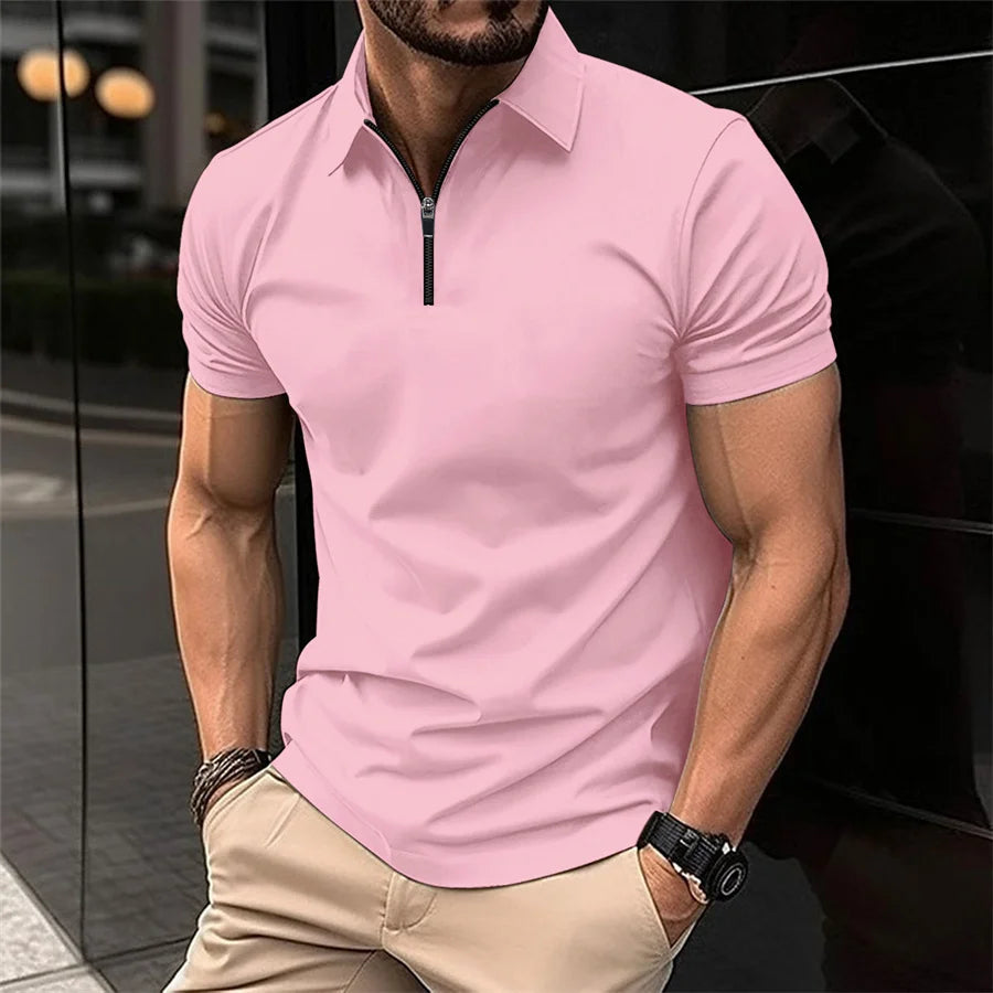 Summer Tiki Men's Business Casual Simple Solid Color Durable Office Small Zipper Lapel Short Sleeve Trend Men's POLO Shirt