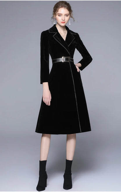 JAMERARY Winter Runway Velvet Maxi Coat Women Vintage Notched Collar Wrap Black Thick Warm Long Trench Coat Outwear