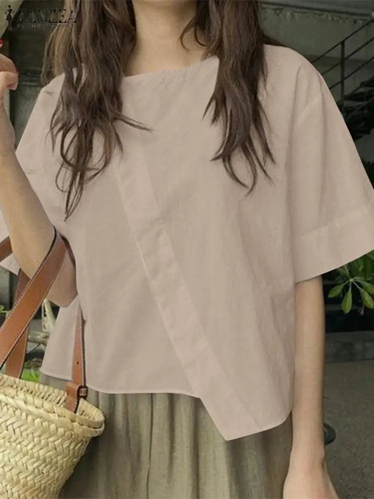 ZANZEA Women Oversize Bluse Summer Chic Irregular Short Sleeve Shirts Korean Fashion Round Neck Harajuku Tops Casual Loose Tunic