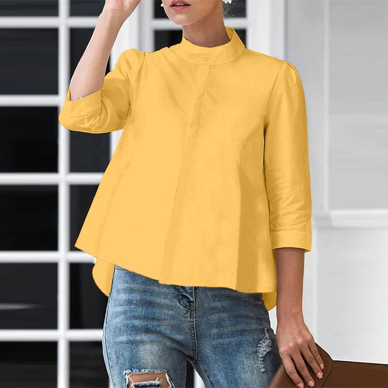 ZANZEA 2025 Summer Office Lady Blouse Stand Collar Casual Tops Women Solid Color Blusas 3/4 Sleeve Street Buttons Fashion Shirts