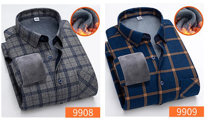 Autumn Winter Thicken Fleece Shirt Men Business Plaid Shirt Long Sleeve Warm Clothes Turn Down Collar Button Up Shirts Classic