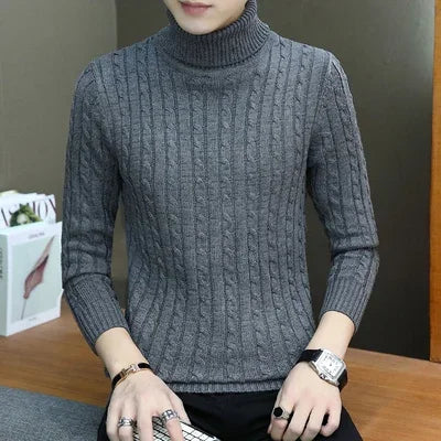 2025 Korean Slim Solid Color Turtleneck Sweater Mens Winter Long Sleeve Warm Knit Sweater Classic Solid Casual Bottoming Shirt