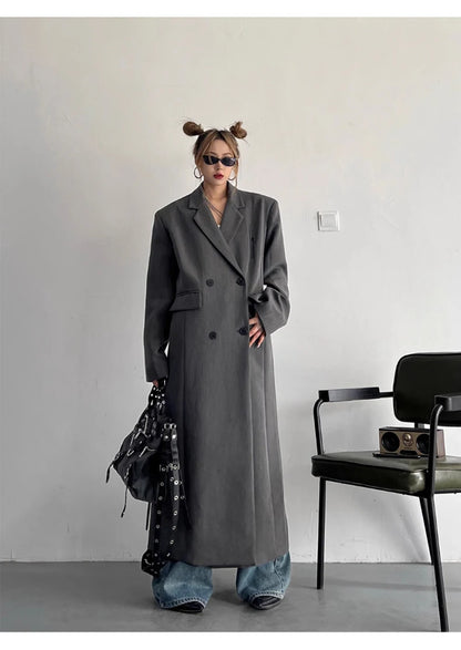 Lautaro Spring Autumn Long Grey Black Trench Coat for Women Double Breasted Loose Casual Korean Fashion Clothing Blazer 2025