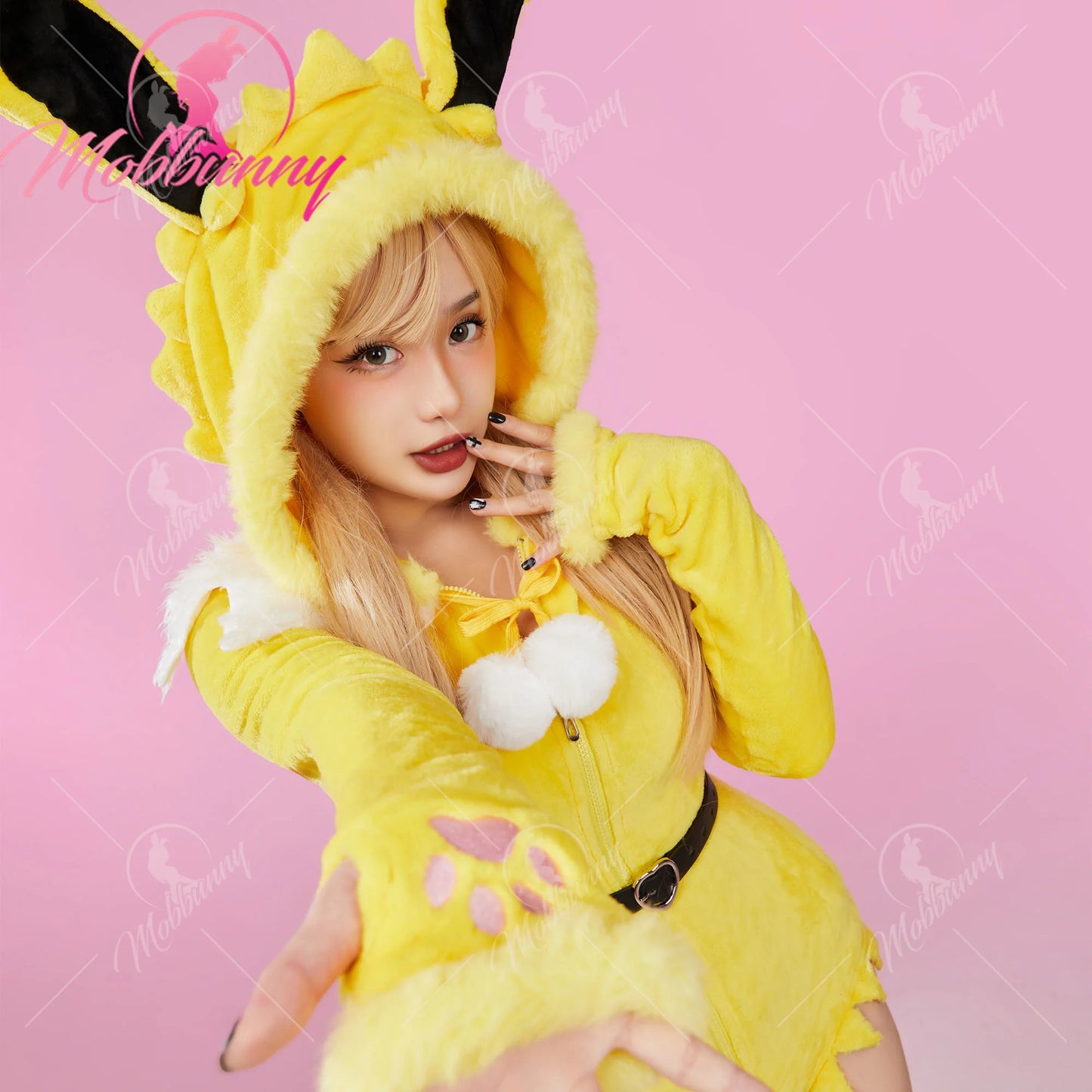 Mobbunny PM Derivative Cosplay Costume Women Sexy Lingerie Bodysuit Plush Hooded Romper and Socks with Belt and Scarf  Halooween