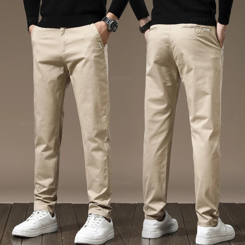 New High Quality Combed Cotton Casual Pants Men Thick Solid color Business Fashion Straight Fit Chinos Gray Brand Trousers Male