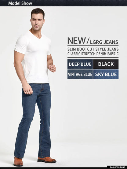 Mens Boot Cut Jeans Slightly Flared Slim Fit Blue Black Trousers Designer Classic Male Stretch Denim Pants