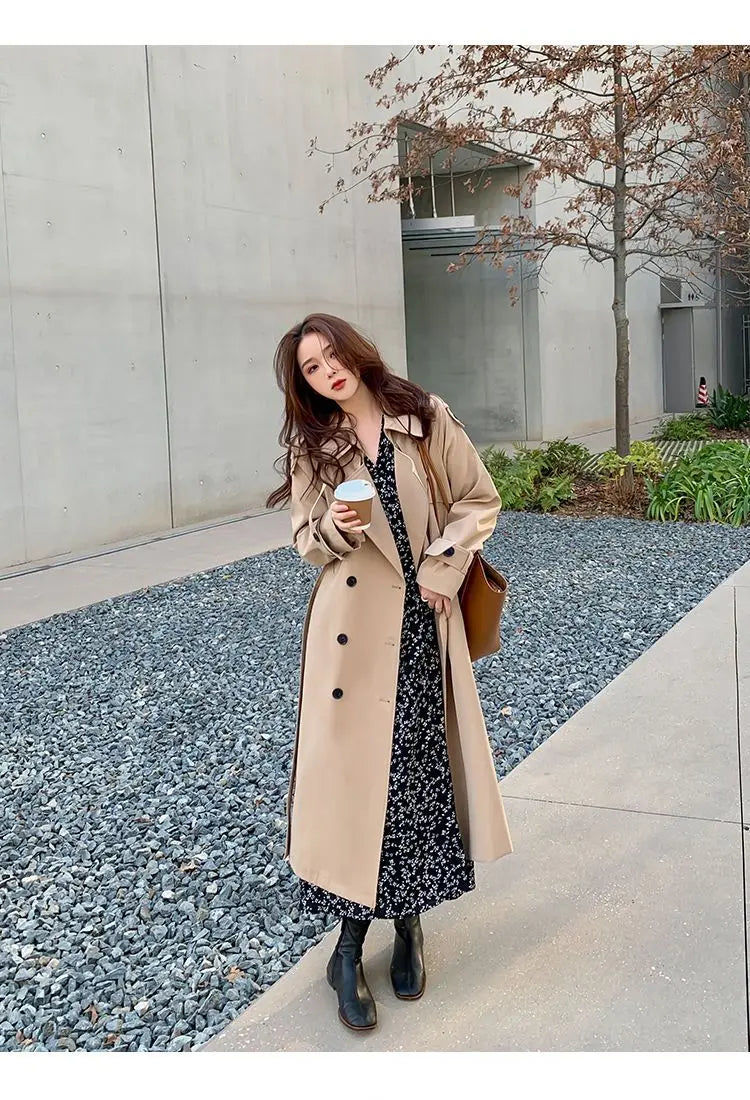 Streetwear Loose Trench Coat Midi Length Fashion Korean Elegant Khaki Black Women's Windbreaker Coat Casual Double Breasted Tops