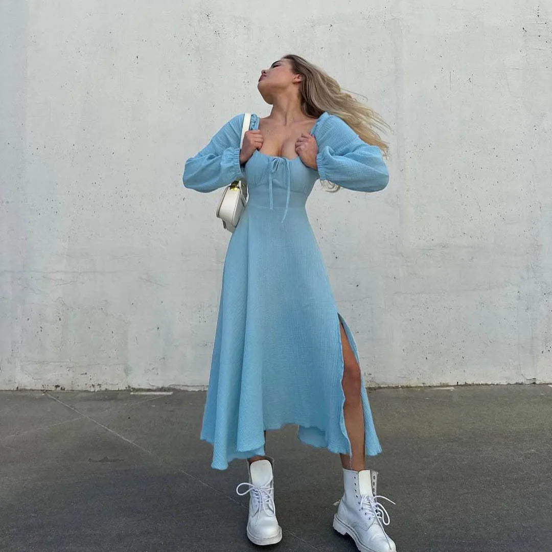 Lace-up Square Collar Sexy Dress Women Autumn Lantern Sleeve Solid Cotton Slit Robe Femme Fashion Streetwear Ladies Midi Dresses