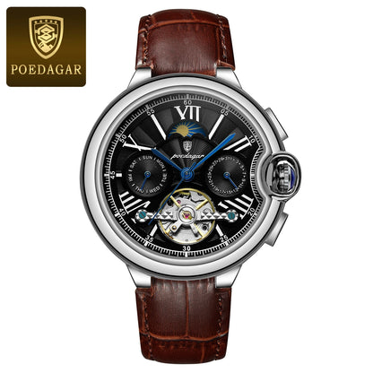 POEDAGAR Luxury Man Watch Hollow Tourbillon Automatic Mechanical Men Watch Waterproof Date Week Stainless Steel Men's Watches