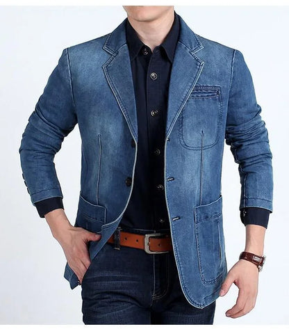 Men's Denim Blazer ,Male Jean Suit Jacket Coat,Three Buttons Denim Outwear ,Size M-4XL