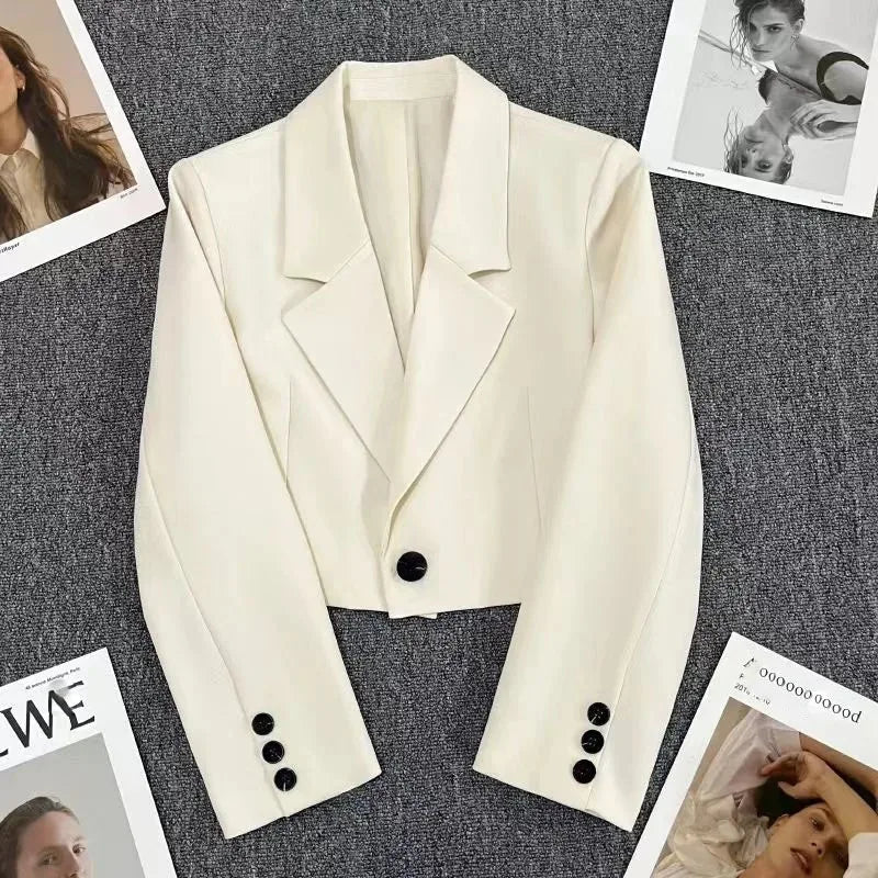 Black Cropped Blazers Woman Trend 2025 New All-match Notched Collar Crop Jacket Women Korean Chic Single Button Suit Coat