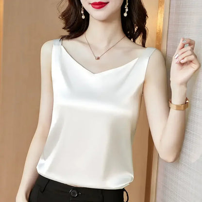 Woman T-shirts Elegant SILK Satin Blouse Sleeveless Female Summer Casual Loose Tanks and Camis Solid Green Tops for Women