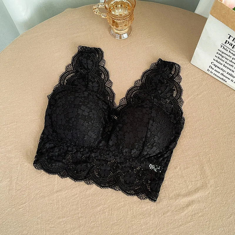 Lace Bras Top Women Deep V Neck Sexy Lingerie Wire Free Bra Tank Tops Female Underwear V Back Bralette Padded Camisole