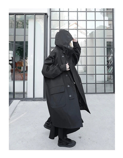 Lautaro Spring Autumn Long Oversized Black Trench Coat with Hood  Dark Academia Aesthetic Luxury Designer Clothes for Women 2022