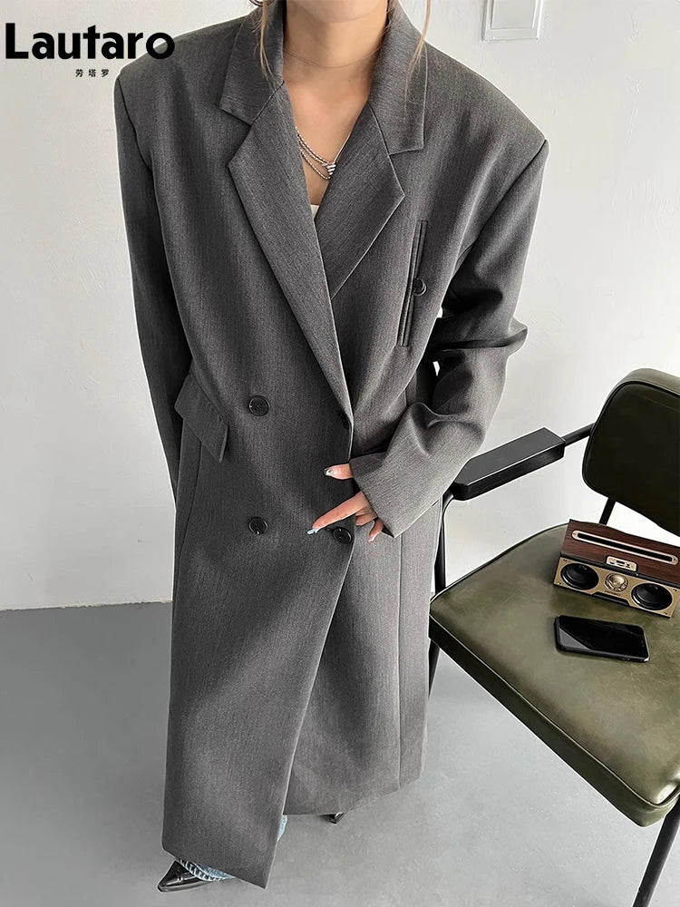 Lautaro Spring Autumn Long Grey Black Trench Coat for Women Double Breasted Loose Casual Korean Fashion Clothing Blazer 2025