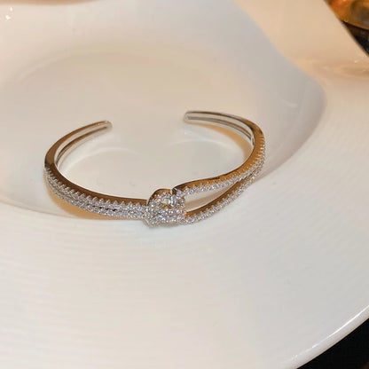 Exquisite Full Zircon Cuff Bracelets Gold Plating Copper Knot Opening Bracelet Minimalist Women's Bangle For Wedding Party