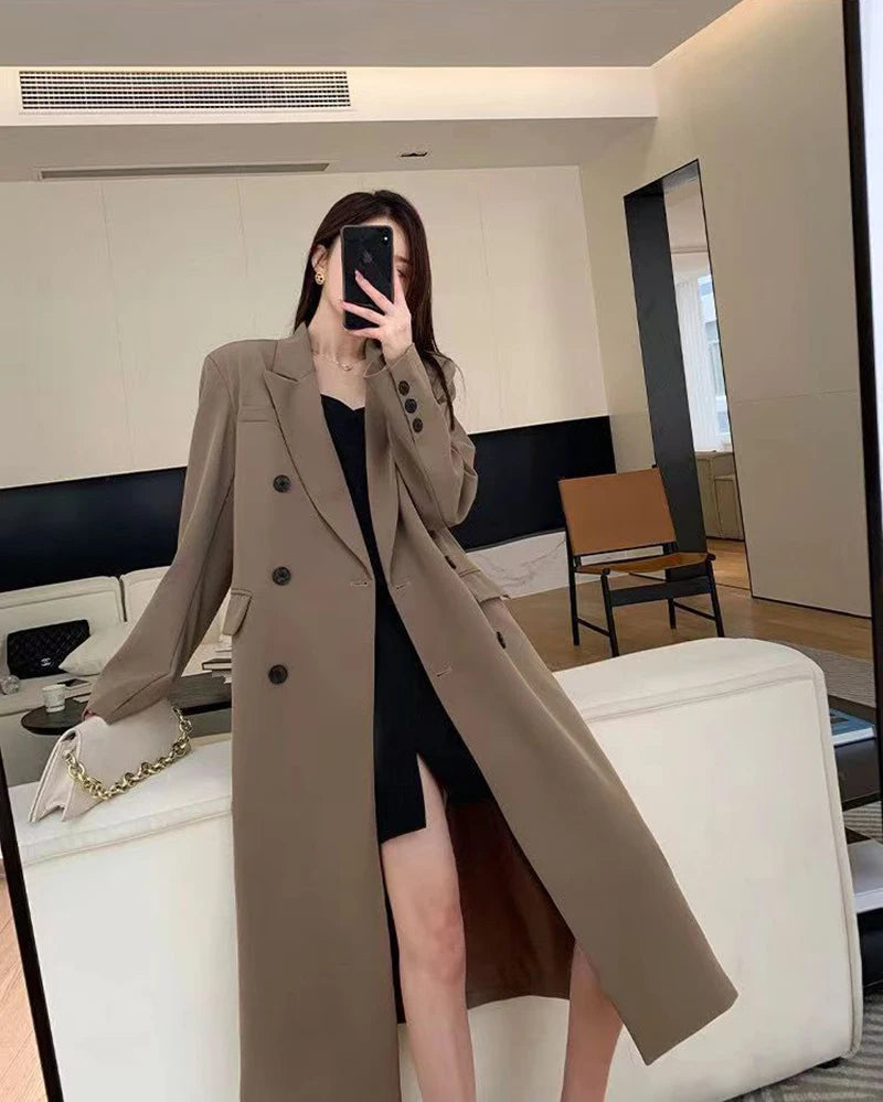 Long Trench Coat Women Office Lady Elegant Double Breasted Blazer Jacket Streetwear Overcoats Korean Harajuku Casual Windbreaker