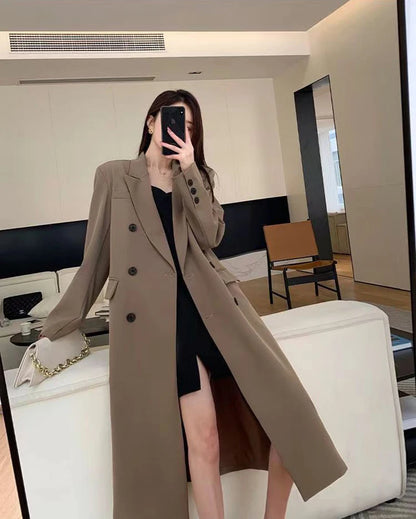 Long Trench Coat Women Office Lady Elegant Double Breasted Blazer Jacket Streetwear Overcoats Korean Harajuku Casual Windbreaker