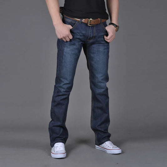 Men's Classic Straight Denim Pants Spring Summer Fashion Deep Blue Button High Waist Daily Work Wear Jeans Long Trousers