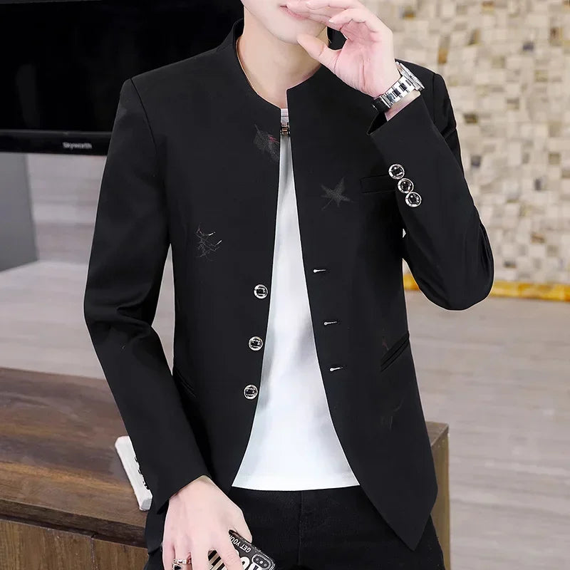 Men's Printed Small Suit Male Korean Version of The Self-cultivation Stand-up Collar Chinese Tunic Casual Suit Thin Jacket Youth