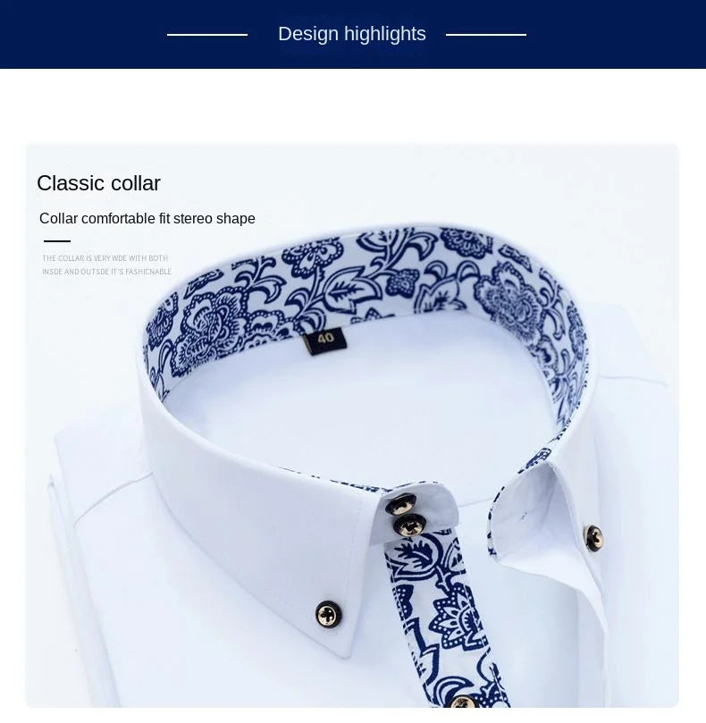 Blue and White Men's Dress Collar Shirt Long Sleeve Solid Color Printing Casual Business Slim Fit Cotton Shirts Anti-Wrinkle