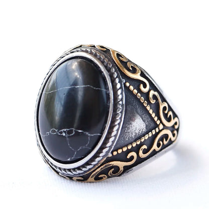 Vintage Handmade Turkish Black Zircon Rings Retro Men Stainless Steel Tiger Eye Stone Rings Classic Wedding Engagement Jewelry