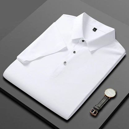 Golf Solid Ice Silk Traceless Silk Loose Polo Shirt Short Sleeve T-shirt Men's Elastic Ironless Thin Polo Neck Light Luxury