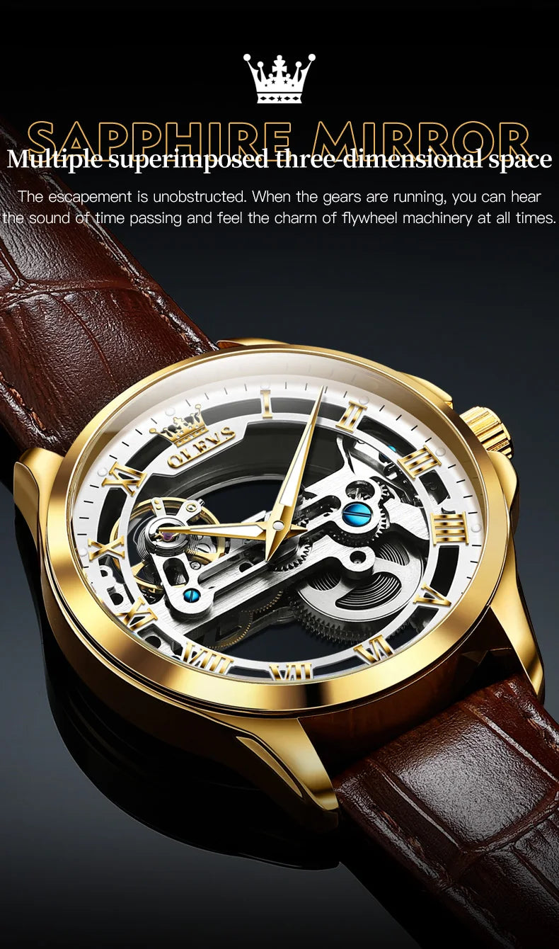 OLEVS Luxury Men Watches Automatic Mechanical Wristwatch Skeleton Design Waterproof Leather Strap Male Watch Reloj Hombre