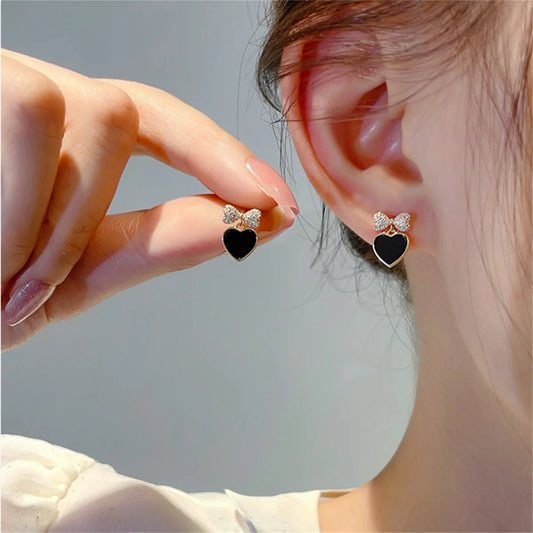 Black Color Love Heart Bowknot Stud Earrings For Women Elegant Geometric Hollow Square Zircon Earrings Wedding Party Jewelry