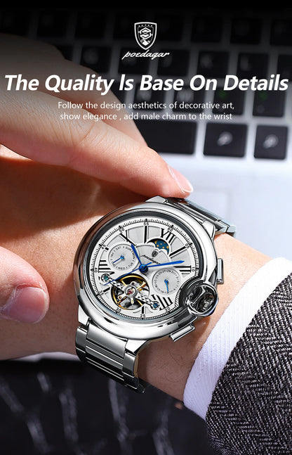 POEDAGAR Luxury Man Watch Hollow Tourbillon Automatic Mechanical Men Watch Waterproof Date Week Stainless Steel Men's Watches