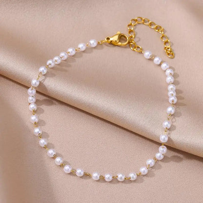 Anklets for Women Summer Beach Accessories Stainless Steel Imitation Pearl Chain Anklet Gold Color Leg Bracelets Bodychain Gifts