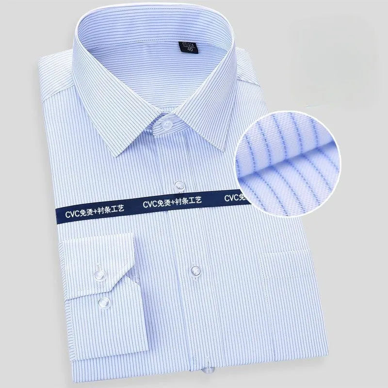 High Quality Cotton Men Dress Long Sleeve Shirt 2025 New Solid Male Plus Size Regular Fit Stripe Business Shirt White Blue