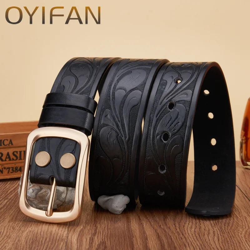 Western Cowboy PU Leather Belt - Men Waist Strap Bull Decoration Floral Engraved for Jeans