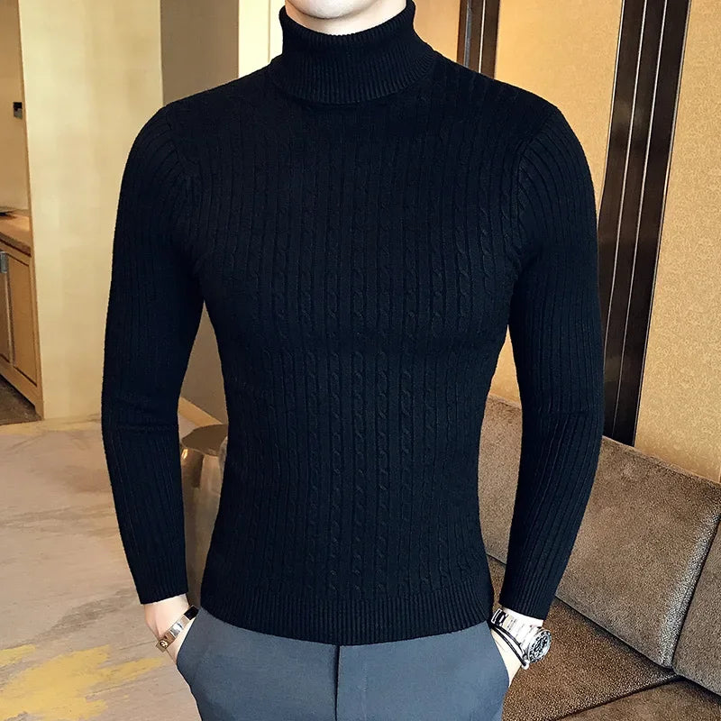 2025 Korean Slim Solid Color Turtleneck Sweater Mens Winter Long Sleeve Warm Knit Sweater Classic Solid Casual Bottoming Shirt