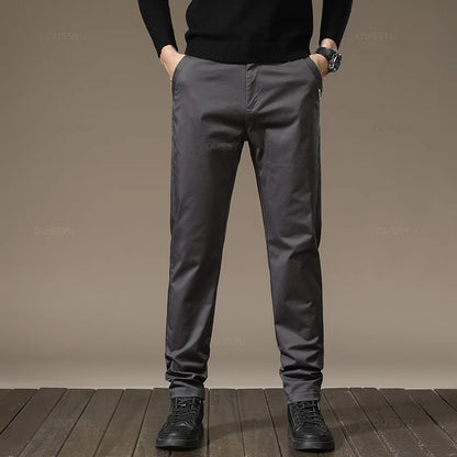 New High Quality Combed Cotton Casual Pants Men Thick Solid color Business Fashion Straight Fit Chinos Gray Brand Trousers Male