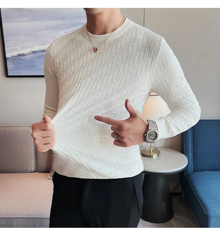 2025 Stretchable Jacquard Woven Winter Crew Neck Sweater Men's Slim Fit Pullover Knitwear Blue, Fashionable Check Pattern